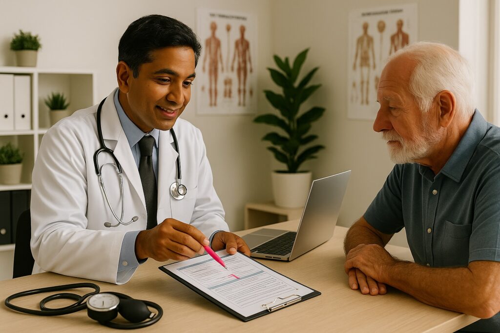 Male doctor discussing preventive care screening results with elderly patient in Deer Park clinic.