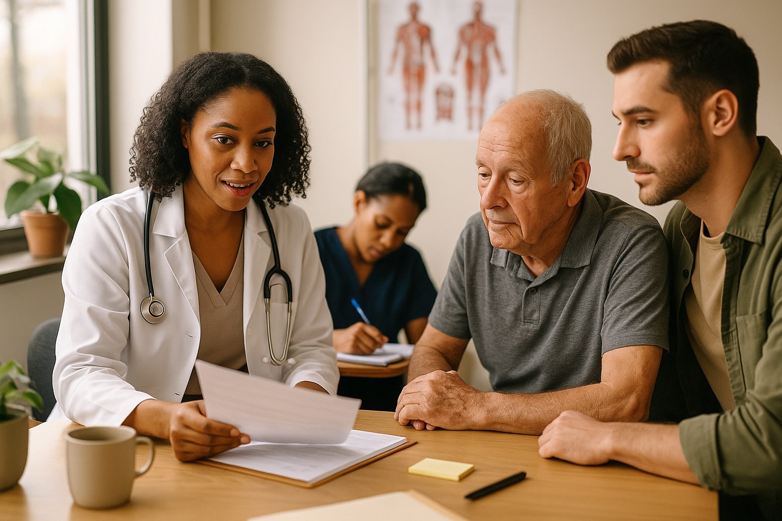 Doctor and nurse reviewing annual wellness exam results with elderly patient and son at Alam Medical in Deer Park NY.