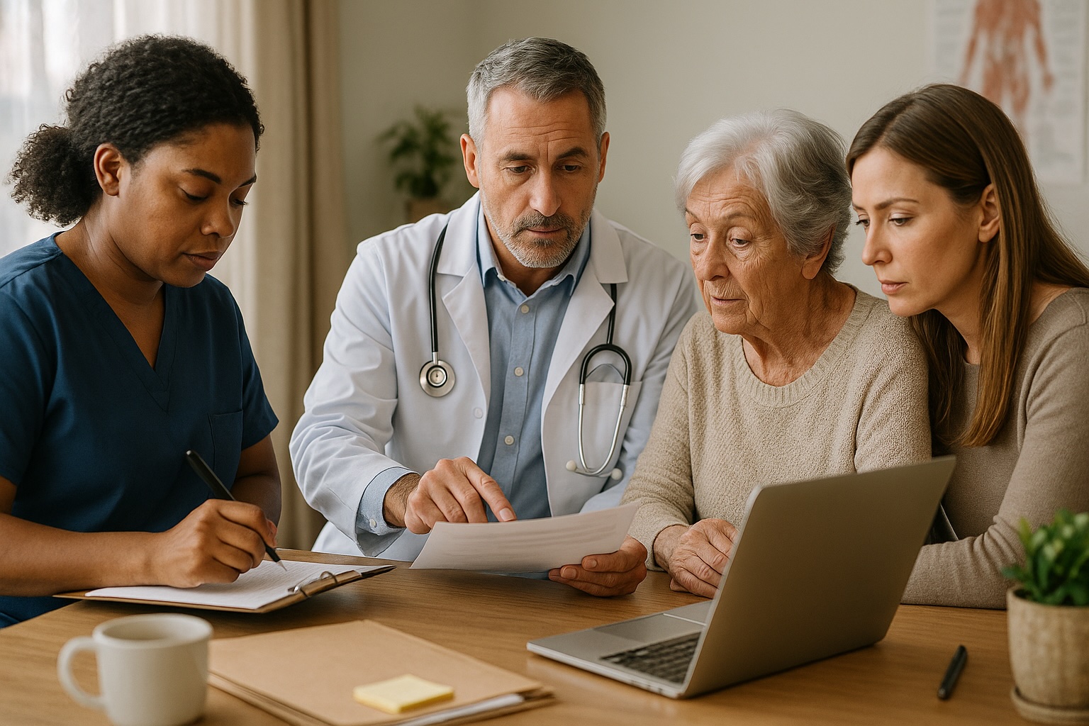 Doctor and nurse consulting with elderly patient and daughter during annual wellness exam at Alam Medical in Deer Park NY.