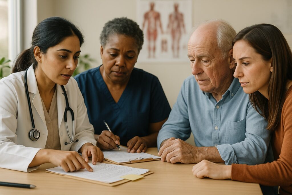 Doctor and nurse reviewing chronic condition treatment plan with elderly patient and daughter at Alam Medical in Deer Park NY.