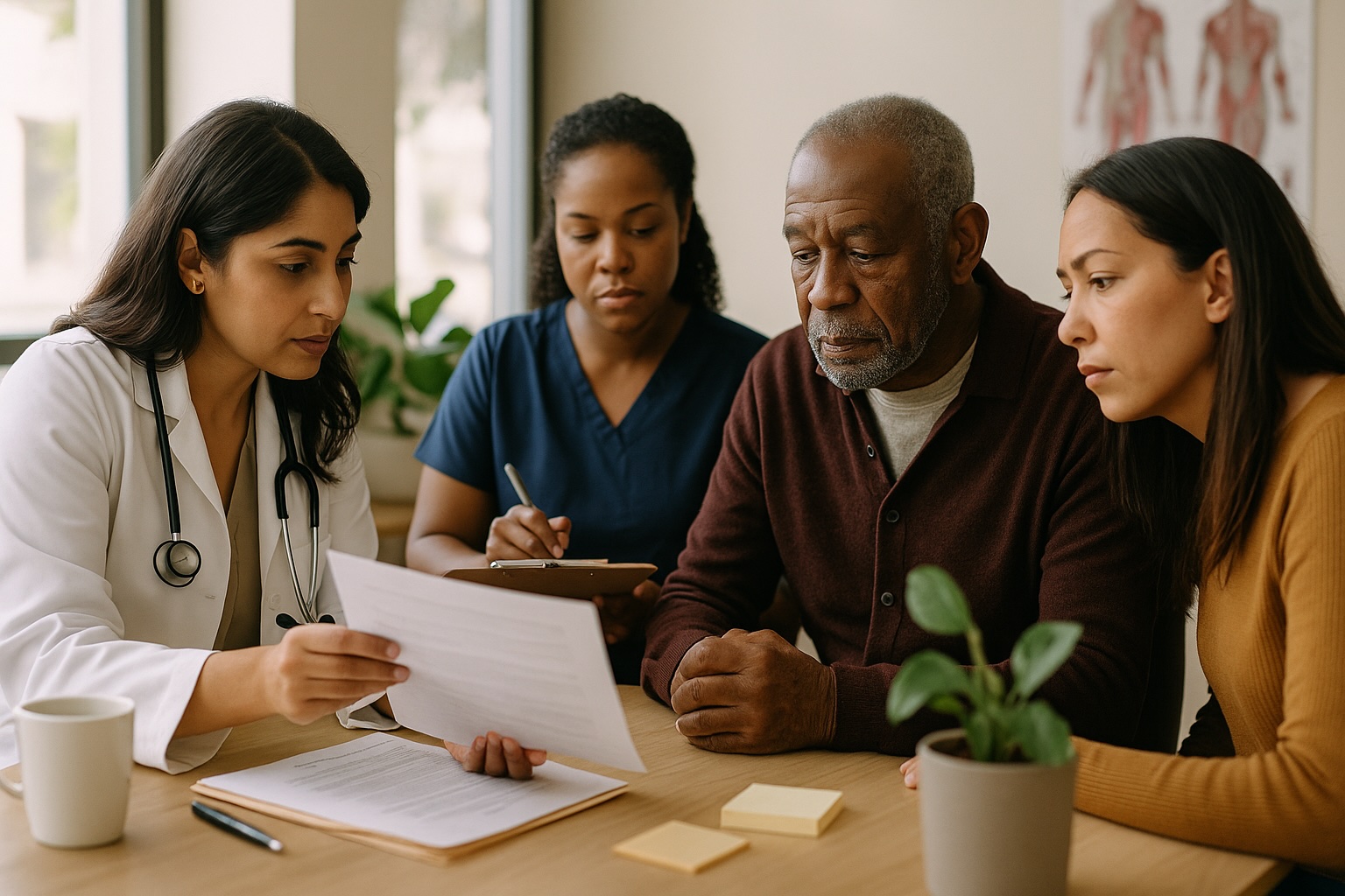 Doctor and nurse consulting with elderly patient and son during chronic condition management at Alam Medical in Deer Park NY.