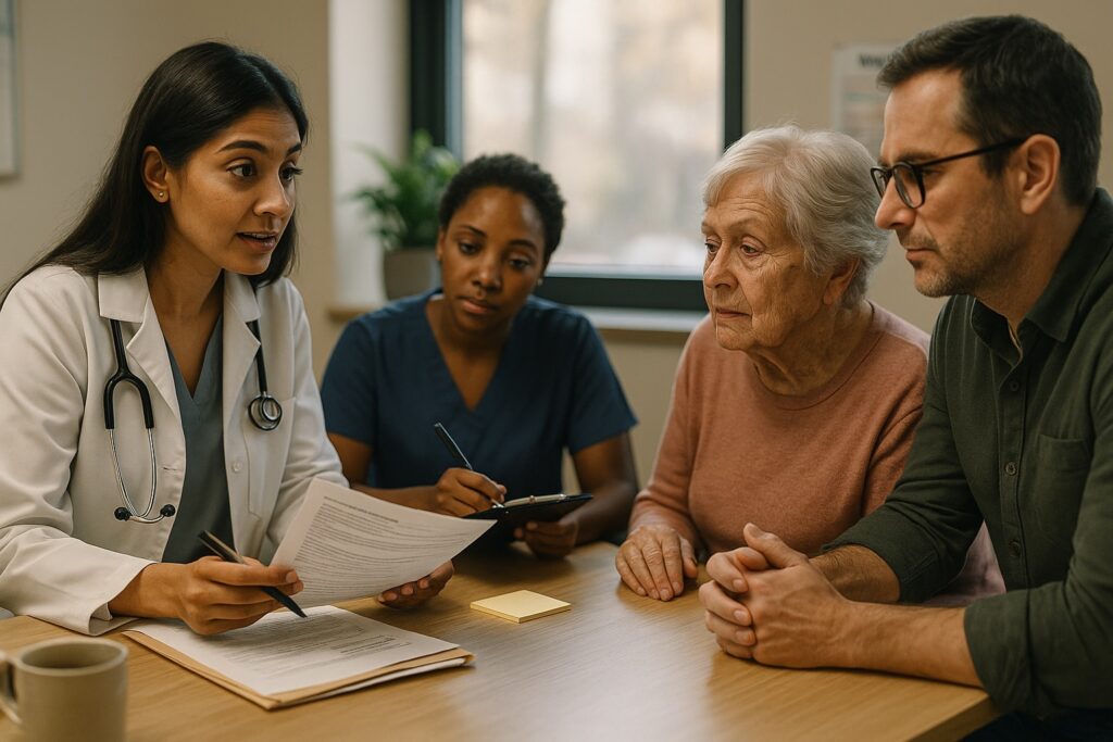 Doctor and nurse reviewing immunization and travel health plans with elderly patient and son at Alam Medical in Deer Park NY.