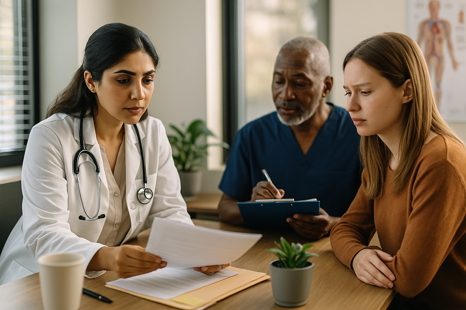 Doctor and nurse consulting with patient about travel immunizations at Alam Medical in Deer Park NY.