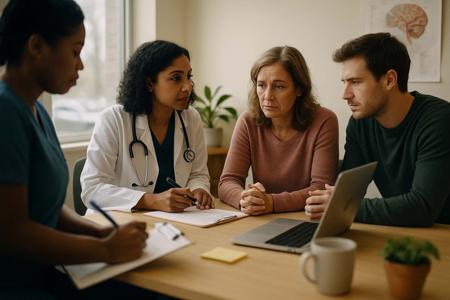 Doctor and nurse consulting with patients about mental health support at Alam Medical in Deer Park NY.