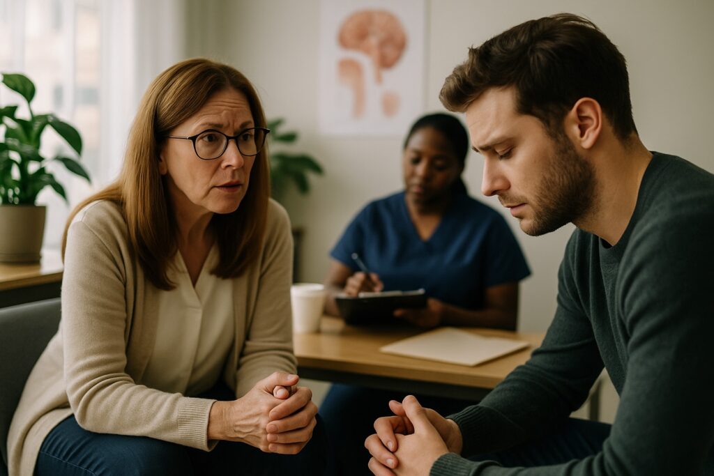 Doctor providing counseling support to young male patient with nurse taking notes at Alam Medical in Deer Park NY.