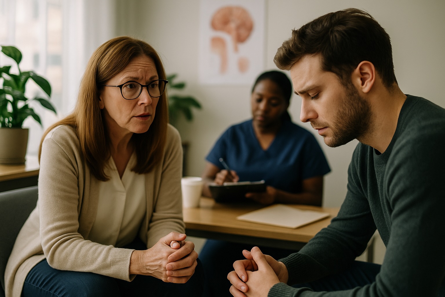 Doctor providing counseling support to young male patient with nurse taking notes at Alam Medical in Deer Park NY.