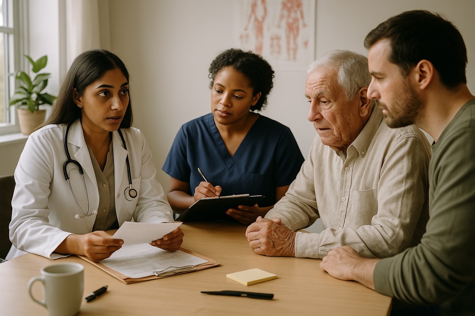 Doctor explaining a minor medical procedure to elderly patient with nurse and family present at Alam Medical in Deer Park NY.
