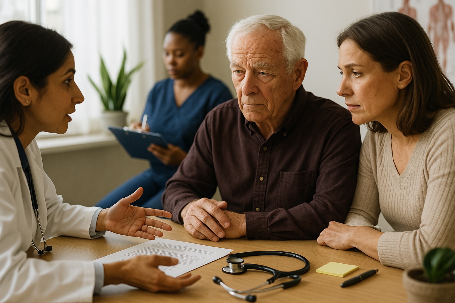 Doctor explaining a minor medical procedure to elderly patient and daughter at Alam Medical in Deer Park NY.