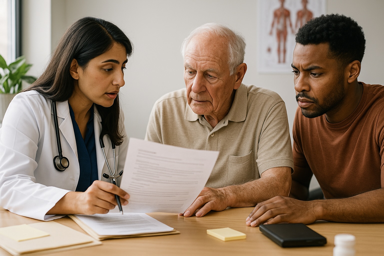 Doctor explaining outpatient procedure steps to elderly patient and son at Alam Medical in Deer Park NY.