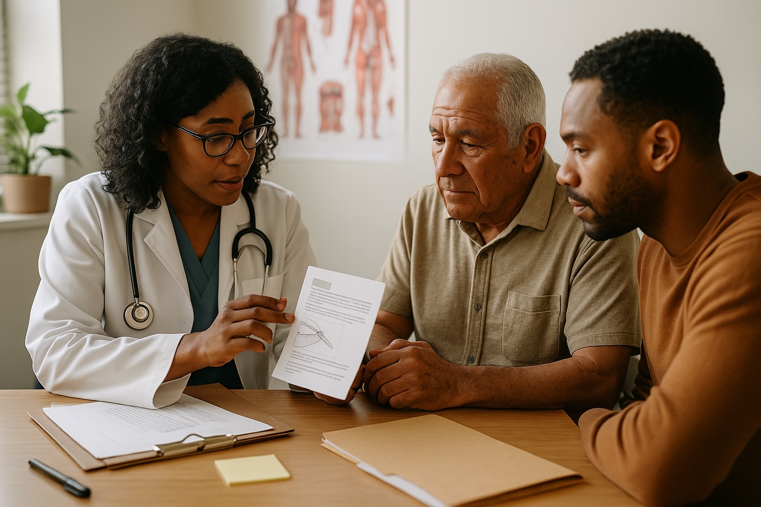 Doctor explaining steps of a minor procedure to elderly patient and son at Alam Medical in Deer Park NY.