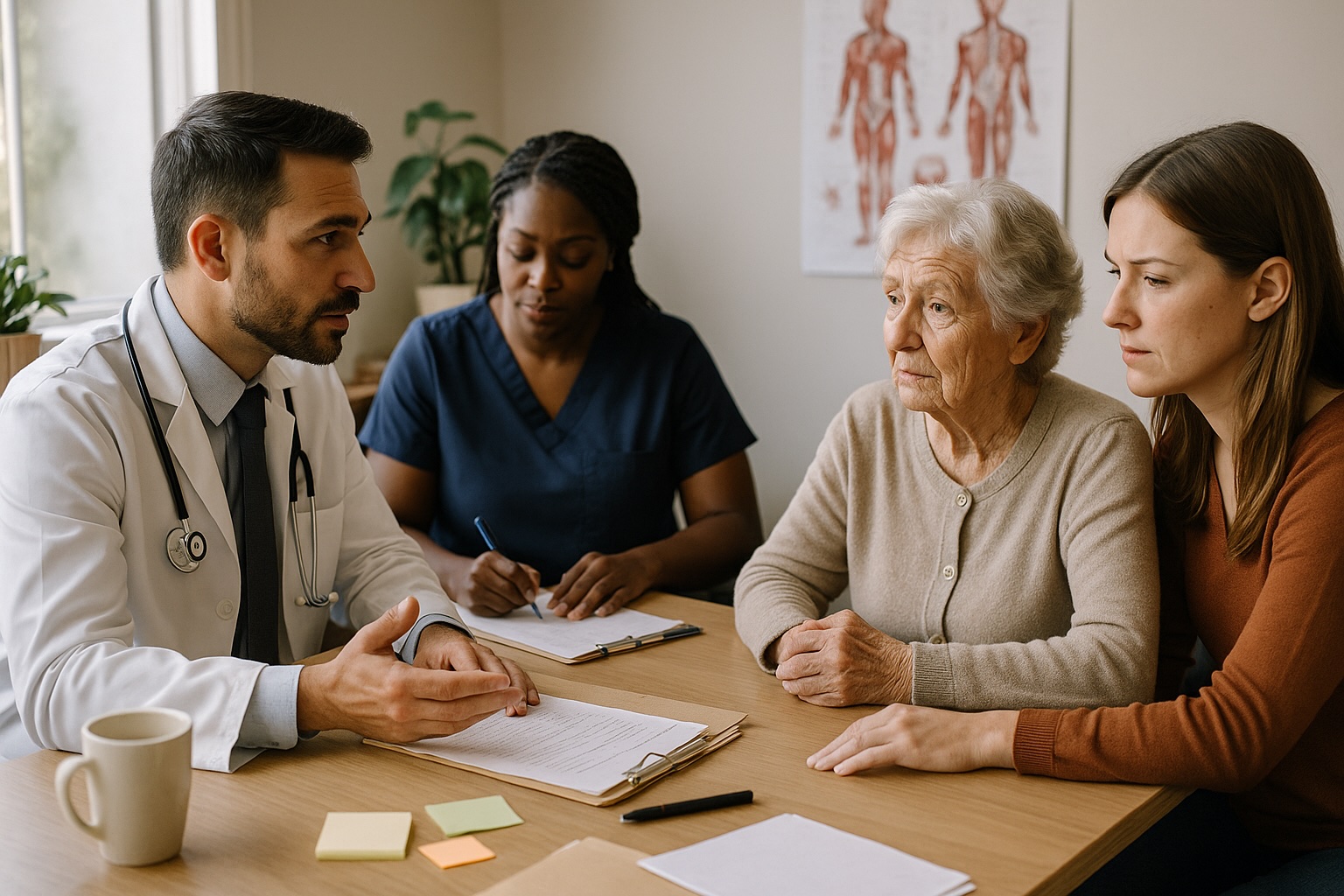 Doctor and nurse consulting elderly patient and daughter during chronic pain management session at Alam Medical in Deer Park NY.