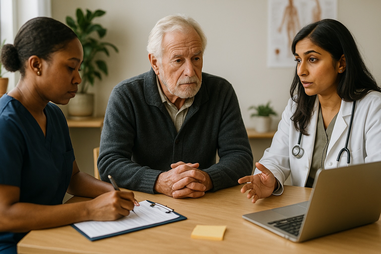 Doctor consulting with elderly patient during chronic pain management session at Alam Medical in Deer Park NY.