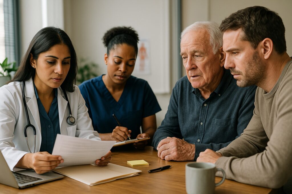 Doctor and nurse consulting elderly patient with son at Alam Medical in Deer Park NY.