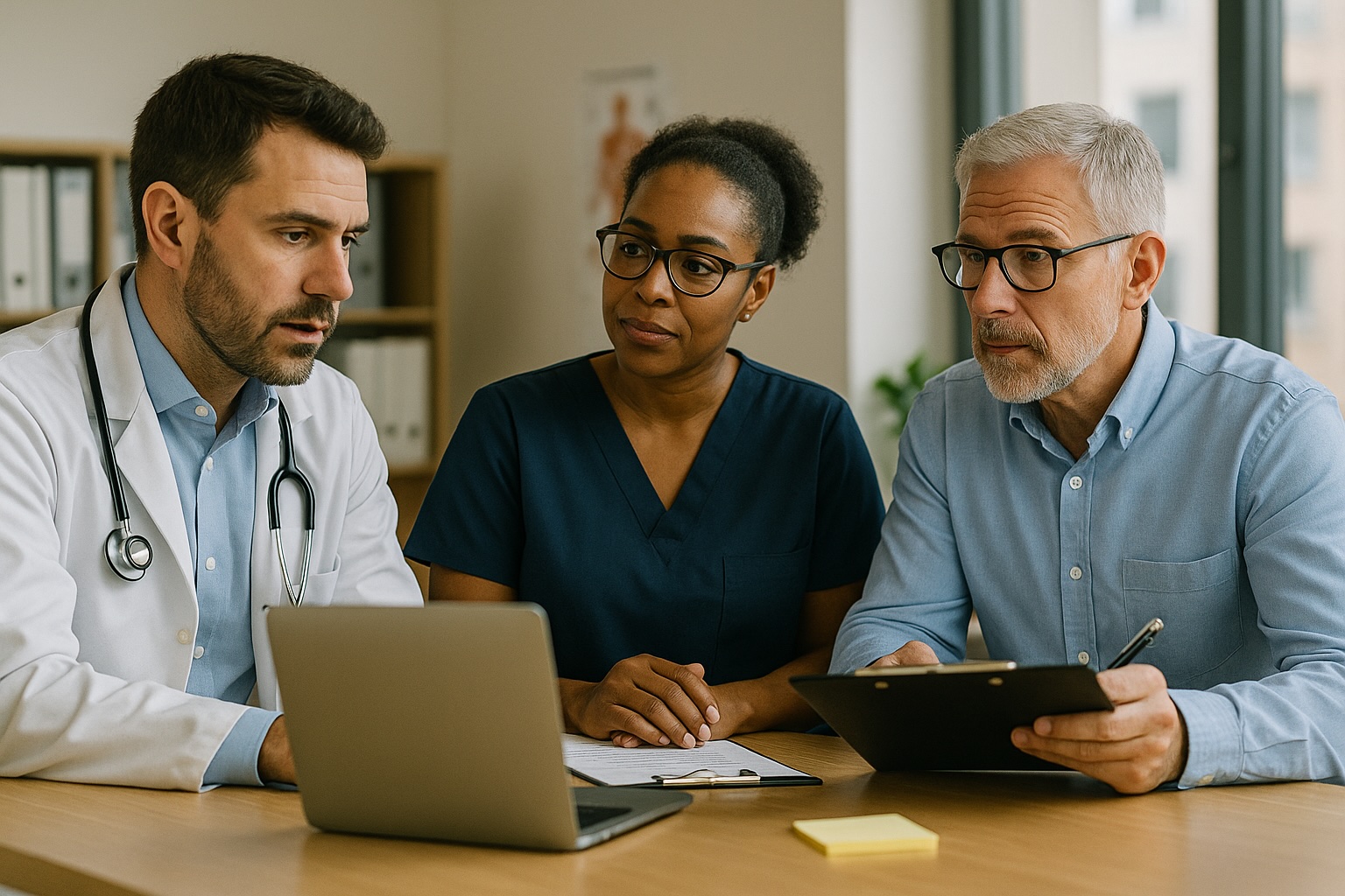 Male doctor and nurse reviewing treatment plan with elderly patient at Alam Medical in Deer Park NY.