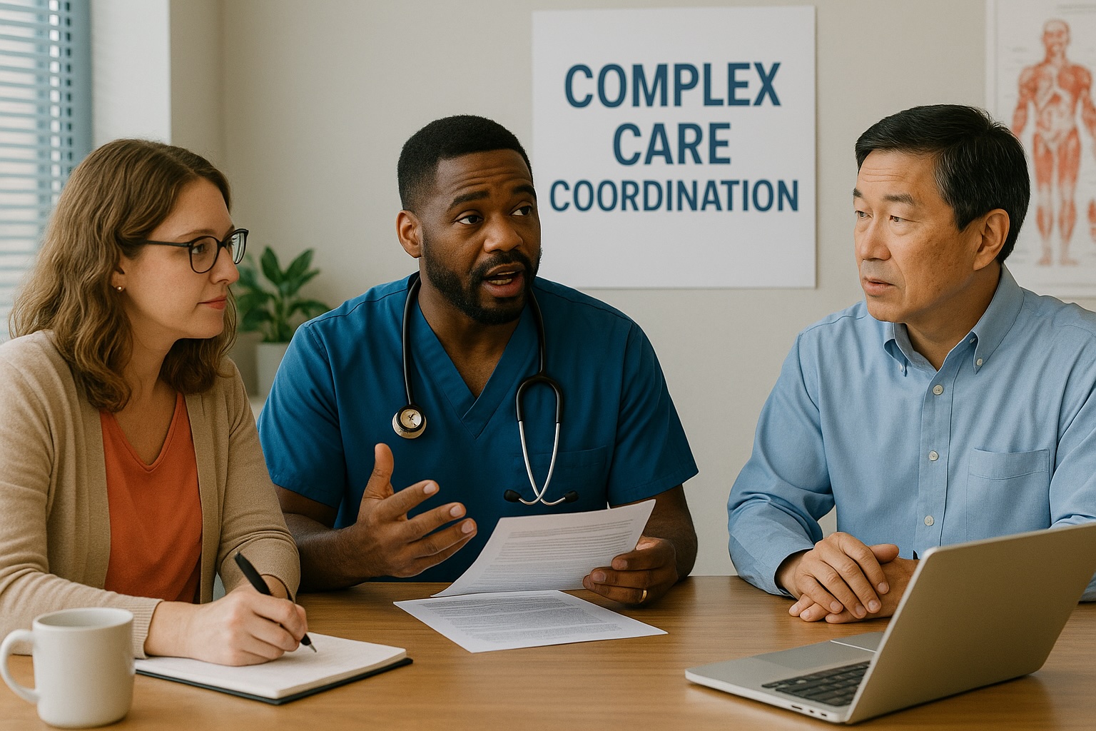 Doctor and nurse discussing care with patient and family at Alam Medical in Deer Park NY.