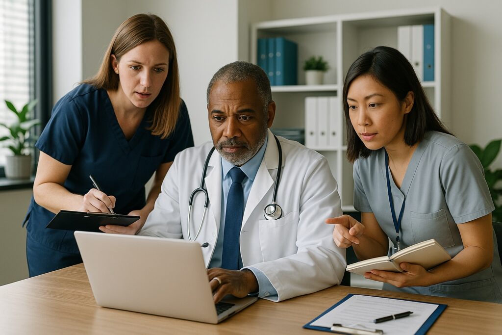 Doctor and nurses reviewing patient records at Alam Medical in Deer Park NY.