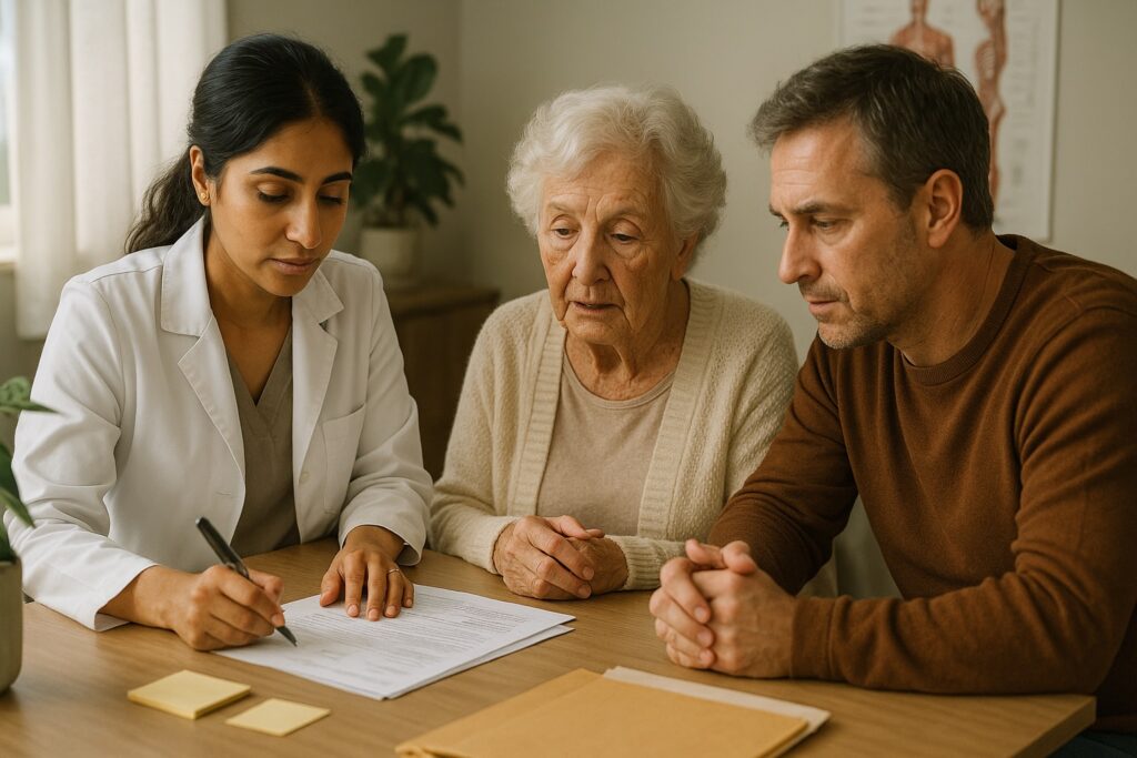 Doctor consulting with elderly patient and son during geriatric care at Alam Medical in Deer Park NY.