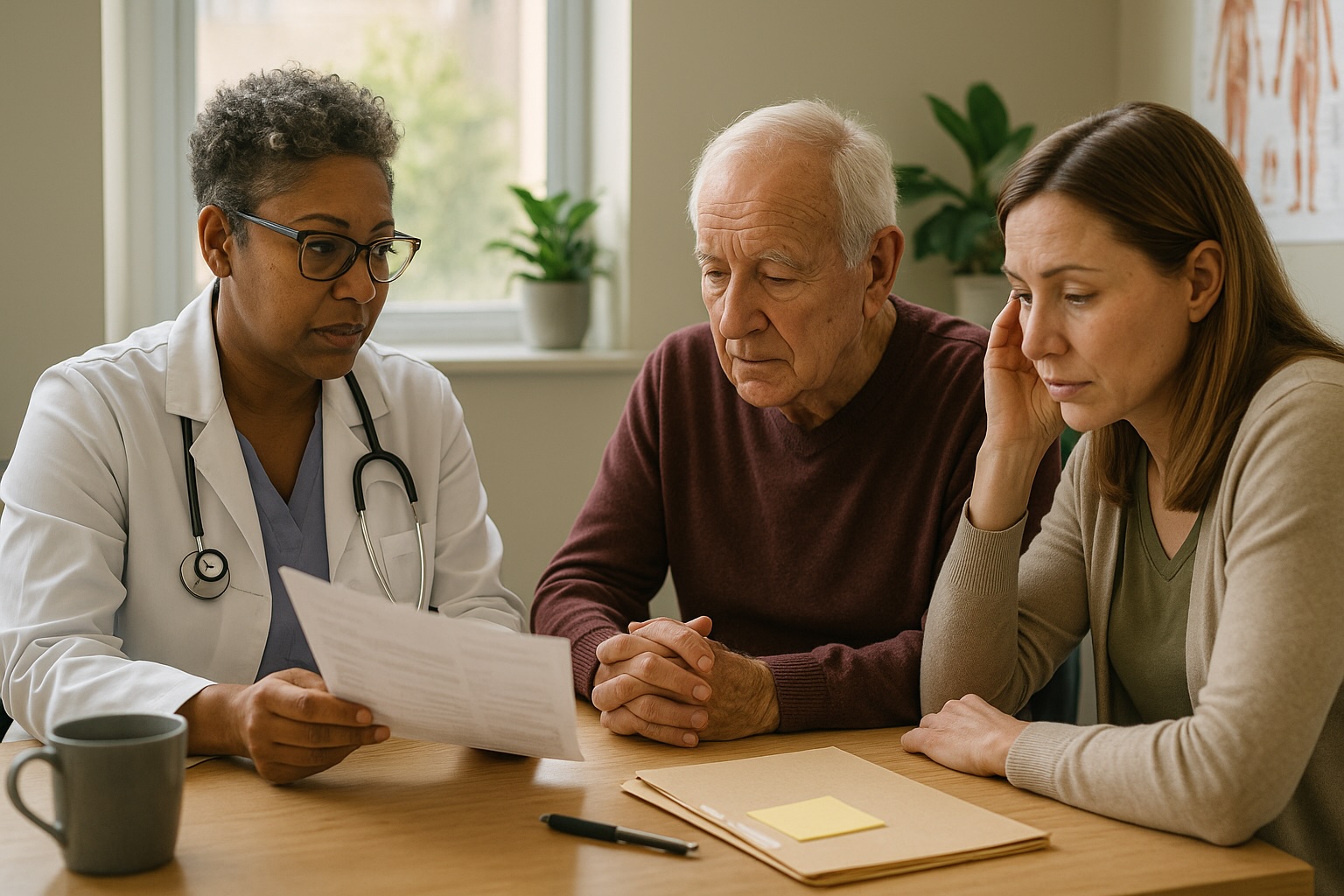 Doctor reviewing geriatric care plan with elderly patient and daughter at Alam Medical in Deer Park NY.