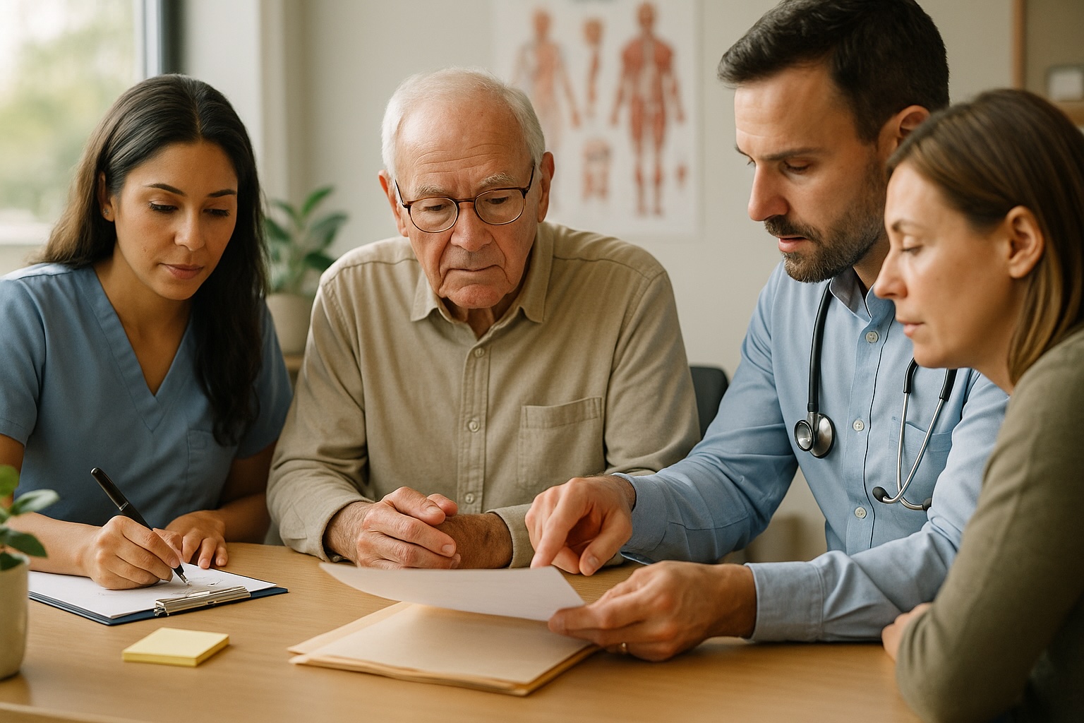 Doctor, nurse, elderly patient, and daughter discussing geriatric care at Alam Medical in Deer Park NY.
