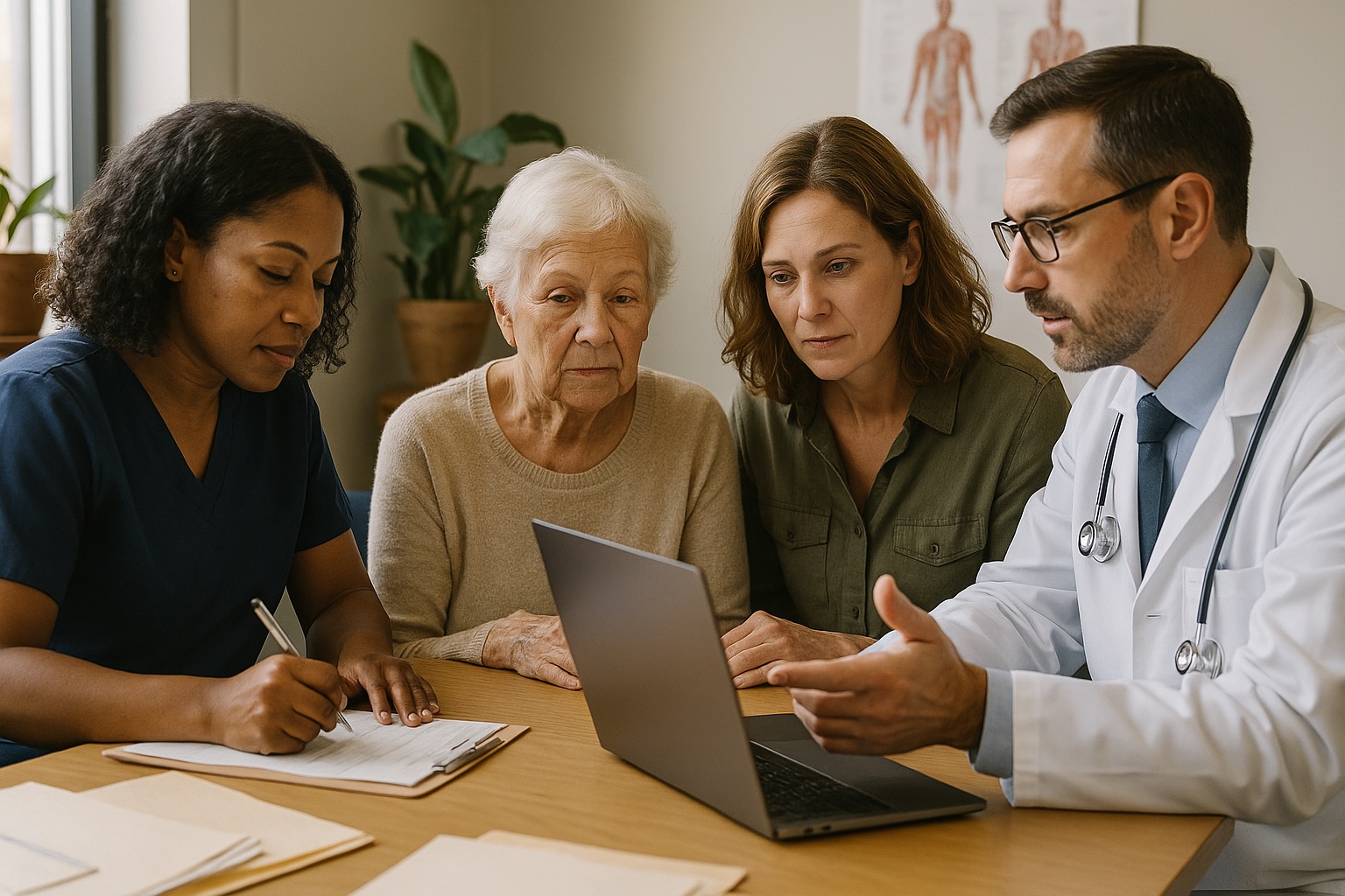 Doctor and nurse reviewing geriatric care plan with elderly patient and daughter at Alam Medical in Deer Park NY.