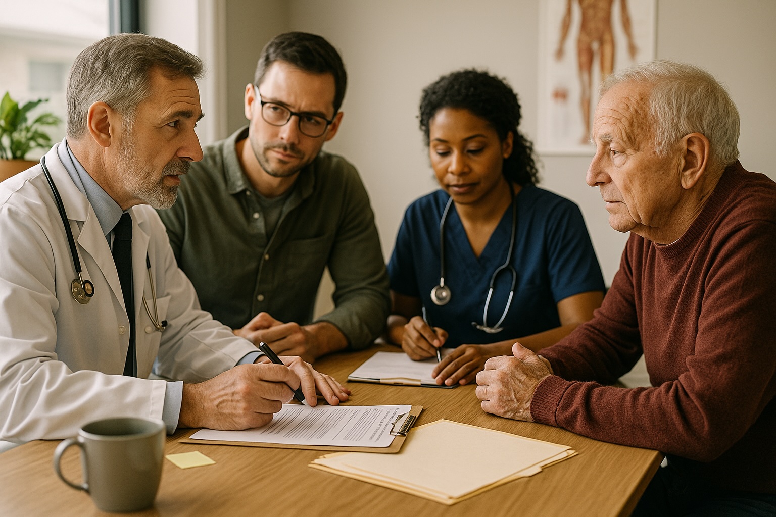 Doctor, nurse, and family member consulting with elderly patient during chronic pain management session at Alam Medical in Deer Park NY.
