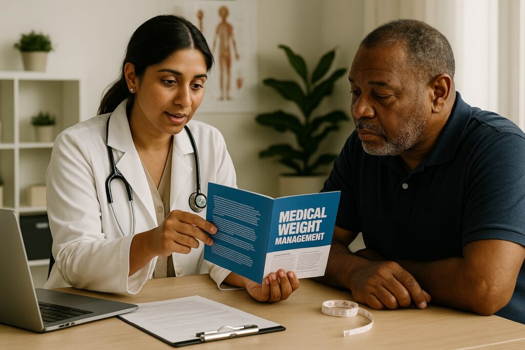 Female doctor showing medical weight management brochure to male patient in Deer Park clinic.