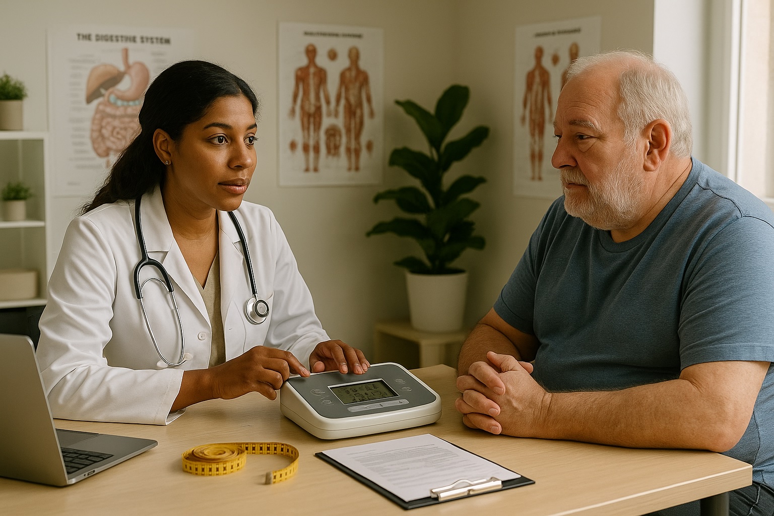 Female doctor consulting overweight male patient about weight management in Deer Park clinic.