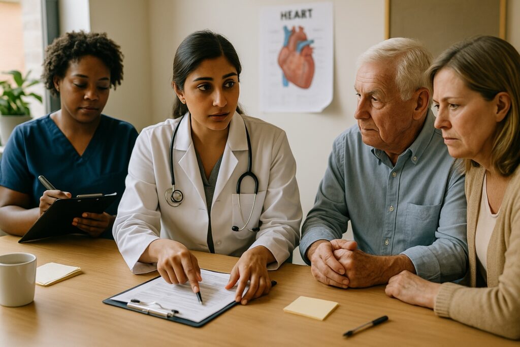 Doctor reviewing cardiovascular risk factors with elderly patient and family at Alam Medical in Deer Park NY.