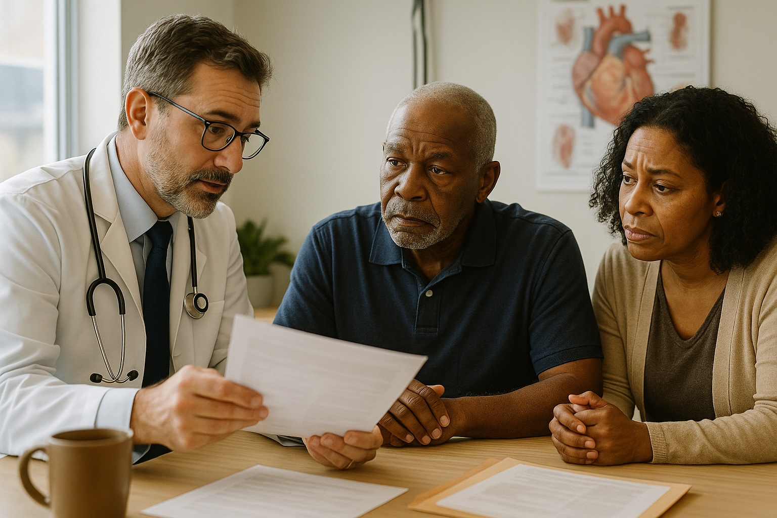 Doctor reviewing cardiovascular health risks with elderly patient and spouse at Alam Medical in Deer Park NY.