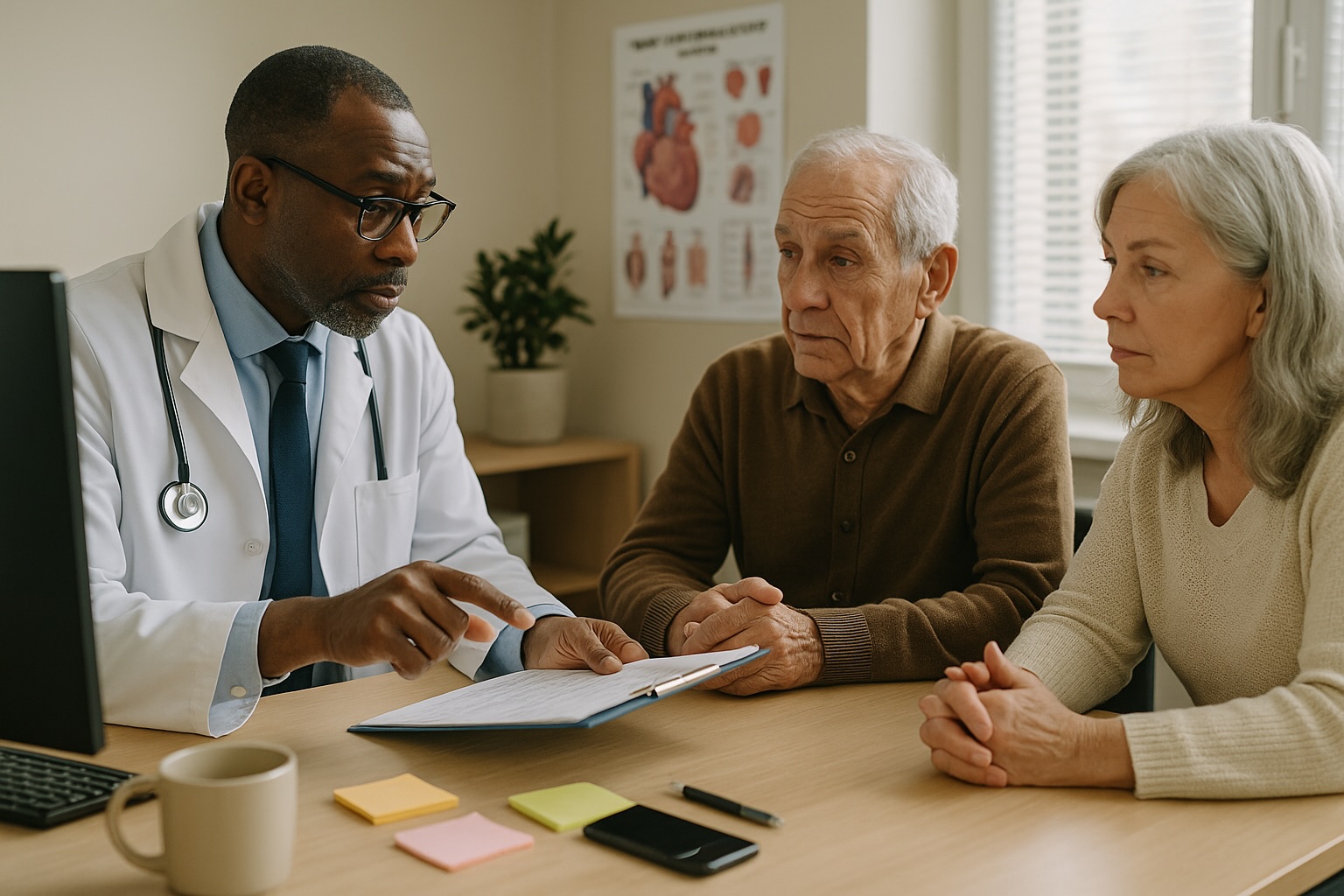 Doctor explaining cardiovascular test results to elderly patient and spouse at Alam Medical in Deer Park NY.