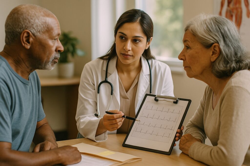Doctor reviewing cardiovascular test results with elderly couple at Alam Medical in Deer Park NY.