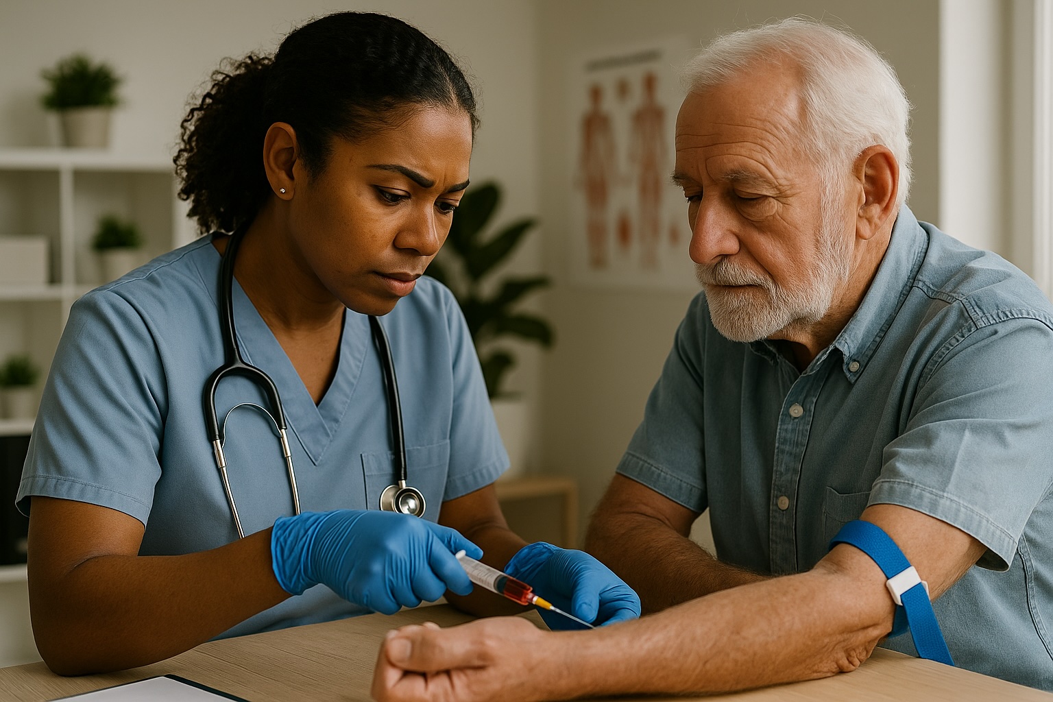 Nurse drawing blood from elderly male patient for preventive care screening in Deer Park.