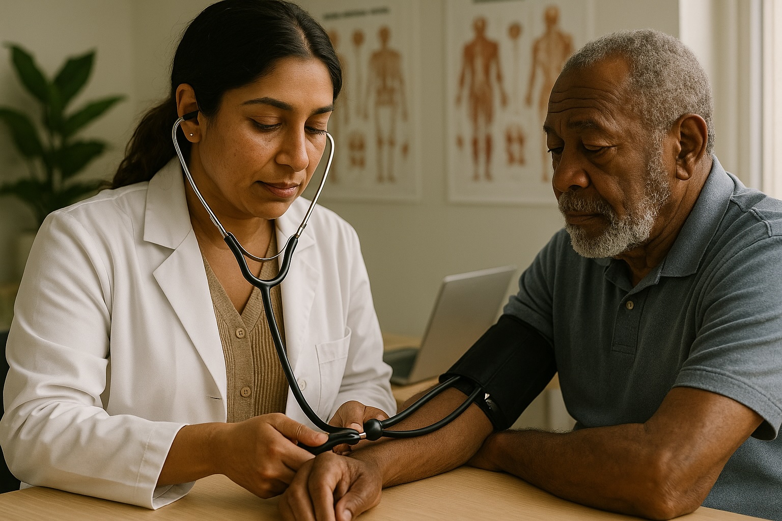 Female doctor measuring blood pressure of elderly male patient in Deer Park clinic.