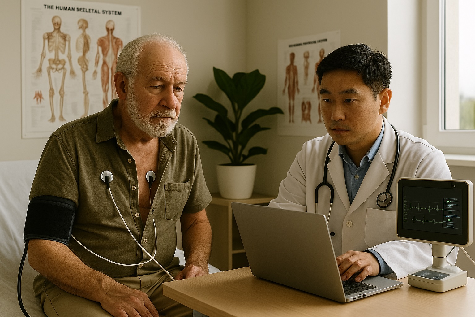 Doctor reviewing ECG results with elderly patient wearing electrodes during preventive screening in Deer Park clinic.