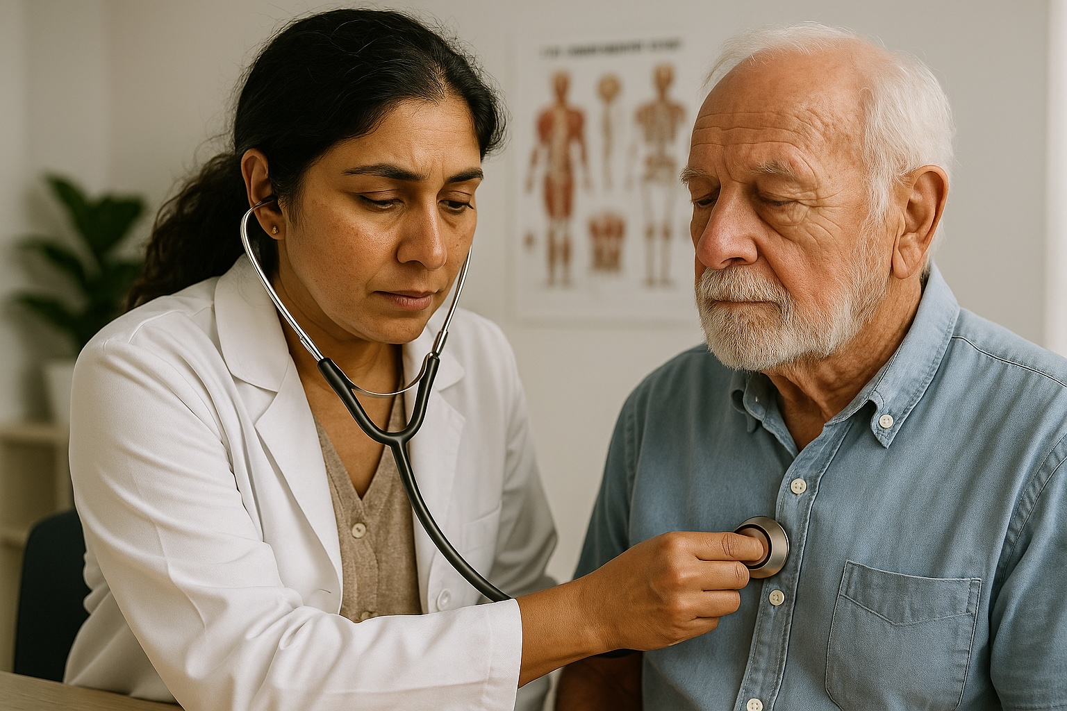 Female doctor using stethoscope to check elderly male patient’s chest in Deer Park clinic.