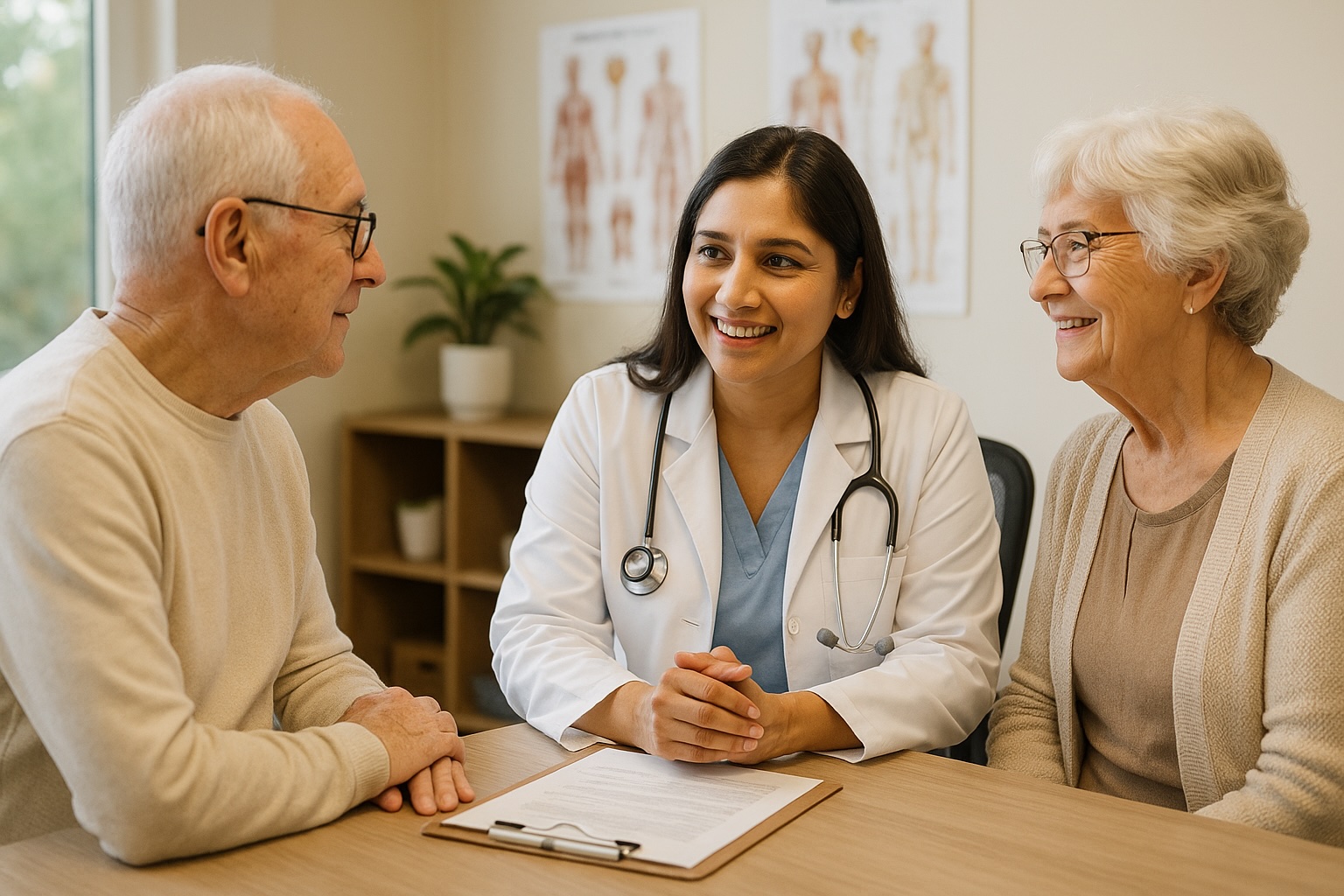 Alam Medical staff consulting with an elderly couple about senior health services in Deer Park, NY.