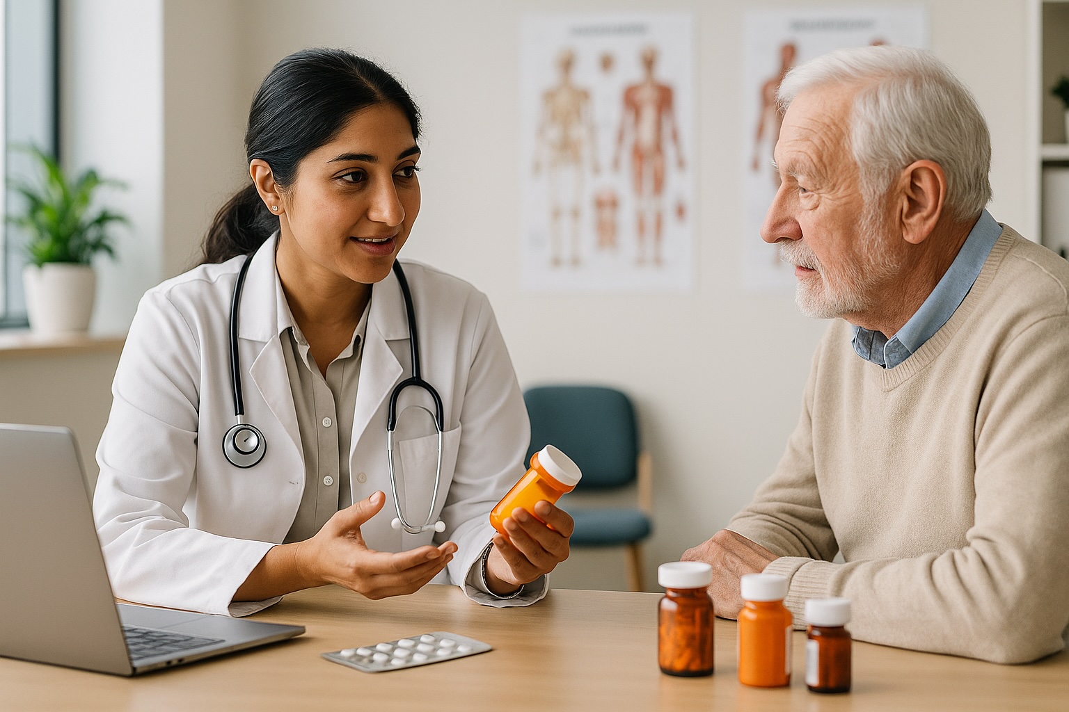 South Asian female doctor discussing medication with elderly male patient in Deer Park medical office.