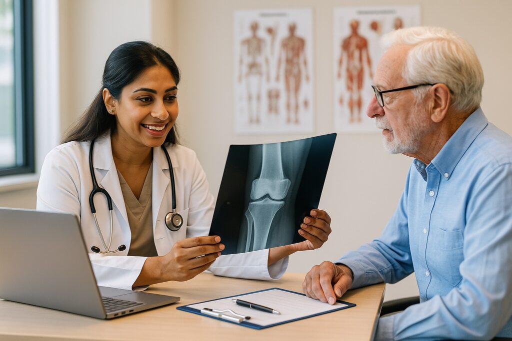 Doctor showing knee X-ray to elderly male patient during consultation in Deer Park clinic.