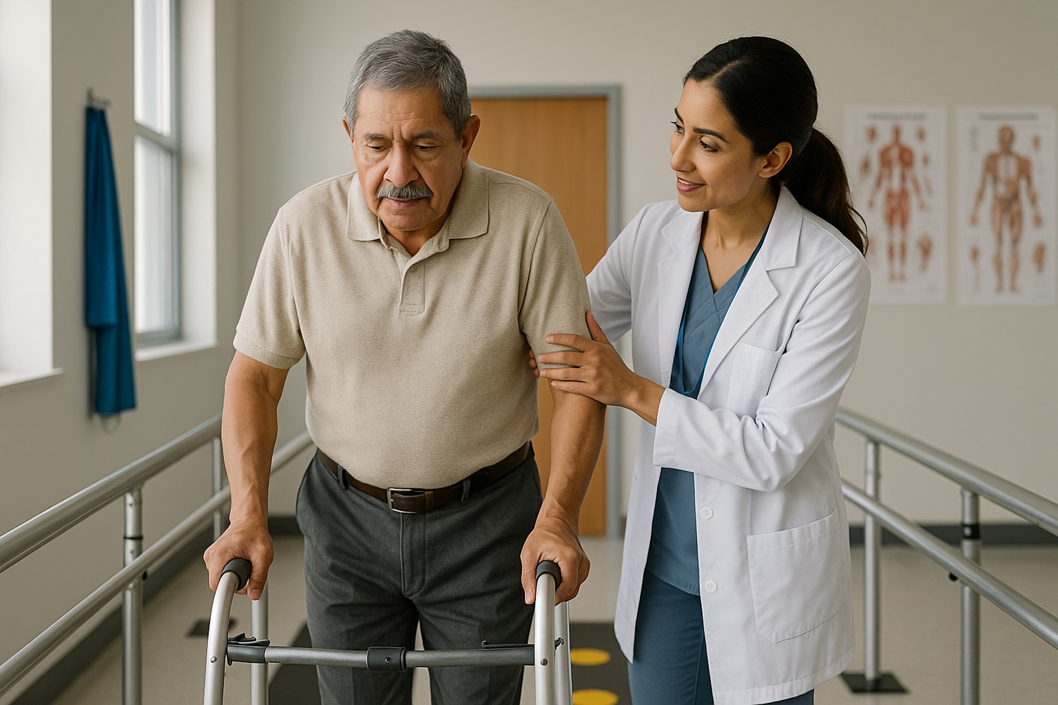 Physical therapist assisting elderly man with walker in modern therapy room.