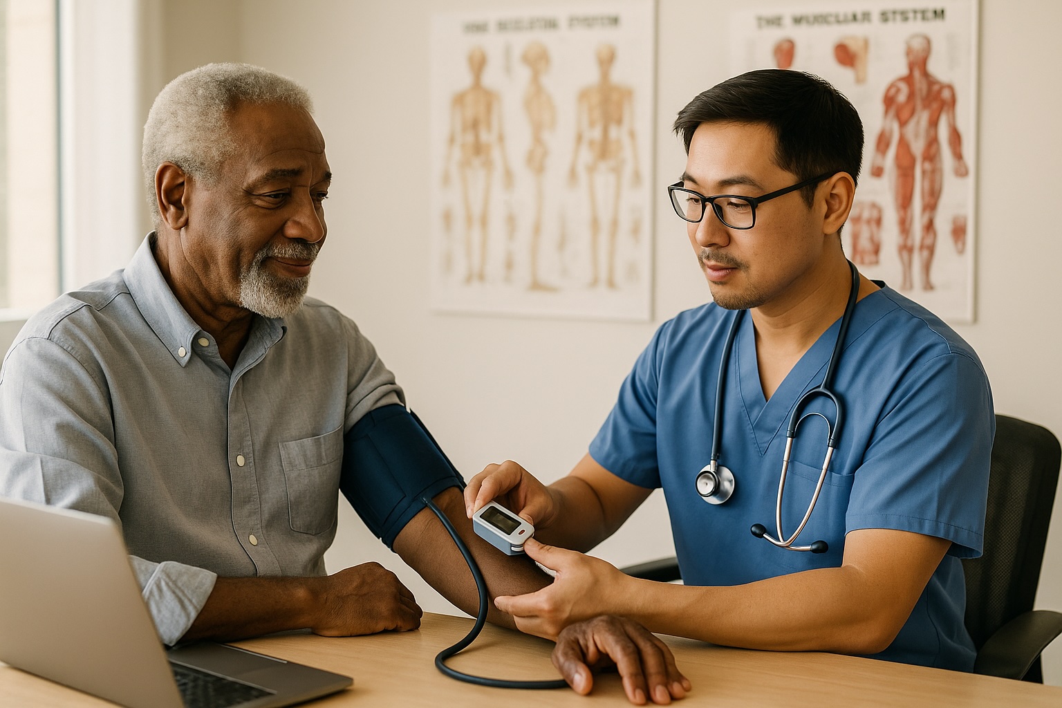 Healthcare professional measuring blood pressure of elderly man.