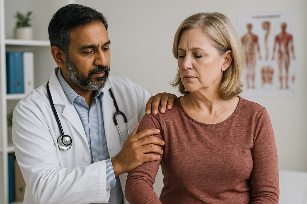 Dr. Rehana Alam consulting a patient about joint pain and musculoskeletal care at Alam Medical in Deer Park NY