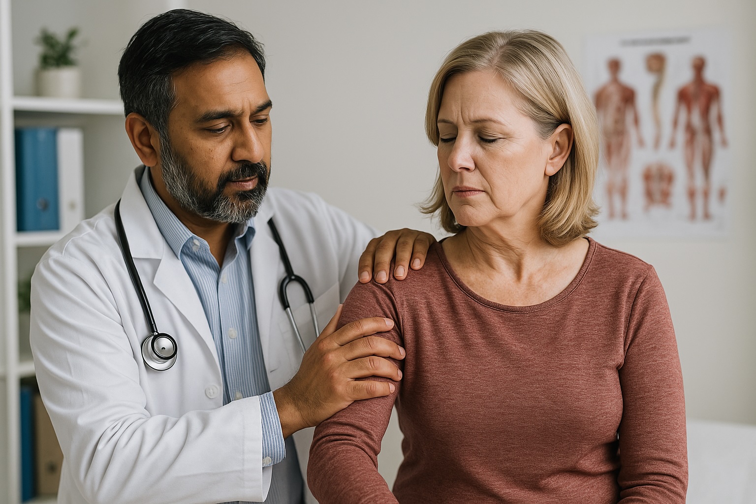 Dr. Rehana Alam consulting a patient about joint pain and musculoskeletal care at Alam Medical in Deer Park NY