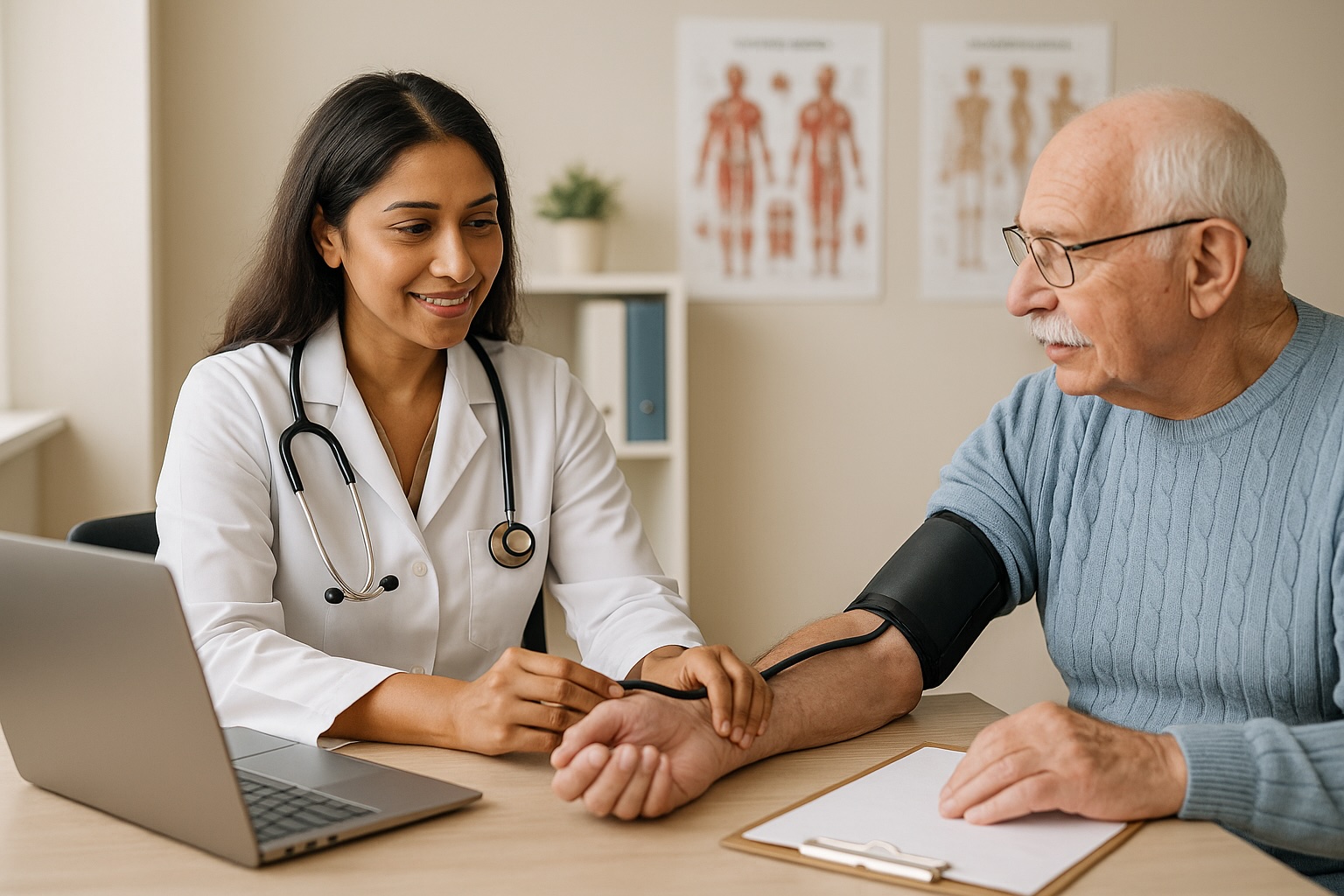Doctor measuring blood pressure of elderly patient during travel health consultation in Deer Park.