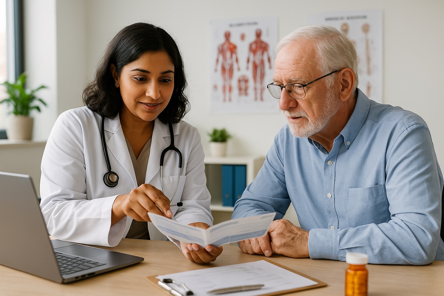 Doctor reviewing travel immunization pamphlet with elderly patient in Deer Park clinic.