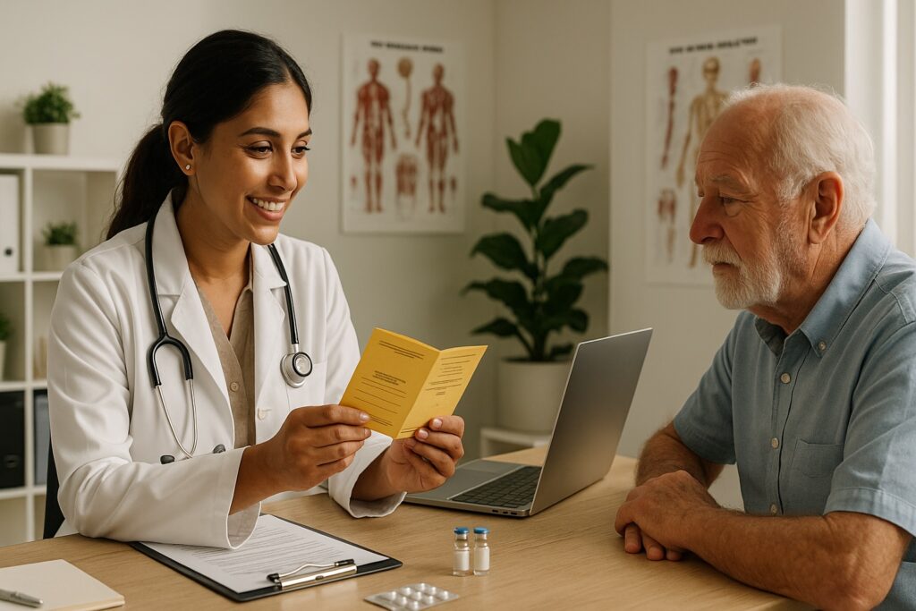Doctor reviewing vaccination booklet with elderly patient in Deer Park clinic.