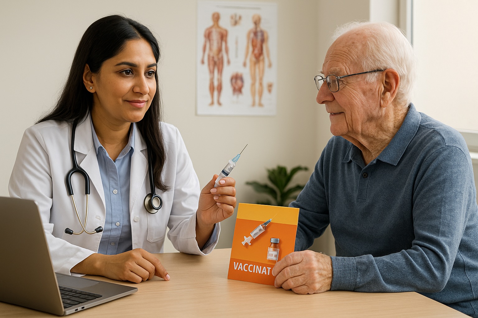 Doctor holding syringe while elderly patient reviews vaccination booklet in Deer Park clinic.