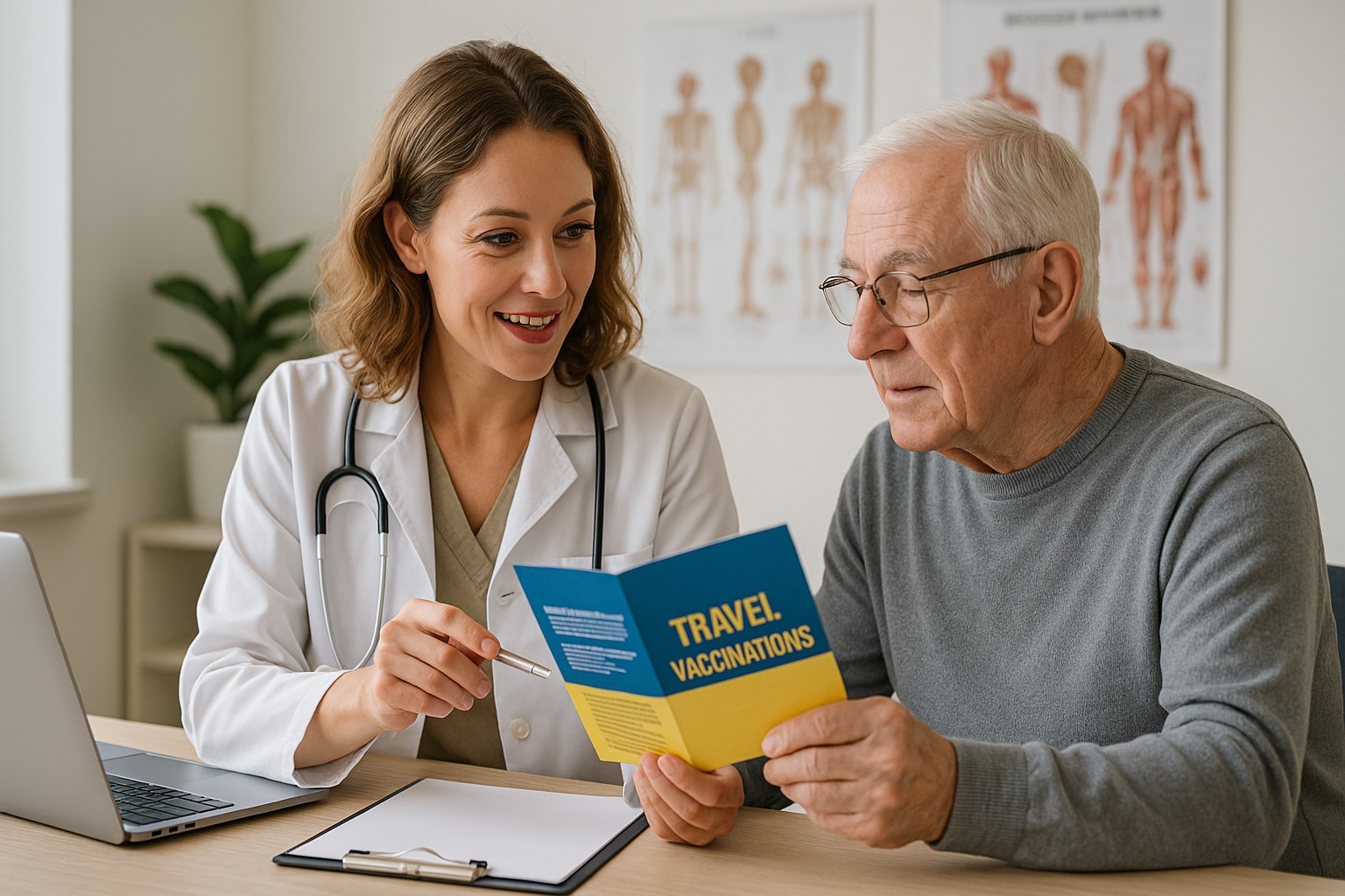 Female doctor reviewing travel vaccination brochure with elderly male patient in Deer Park.