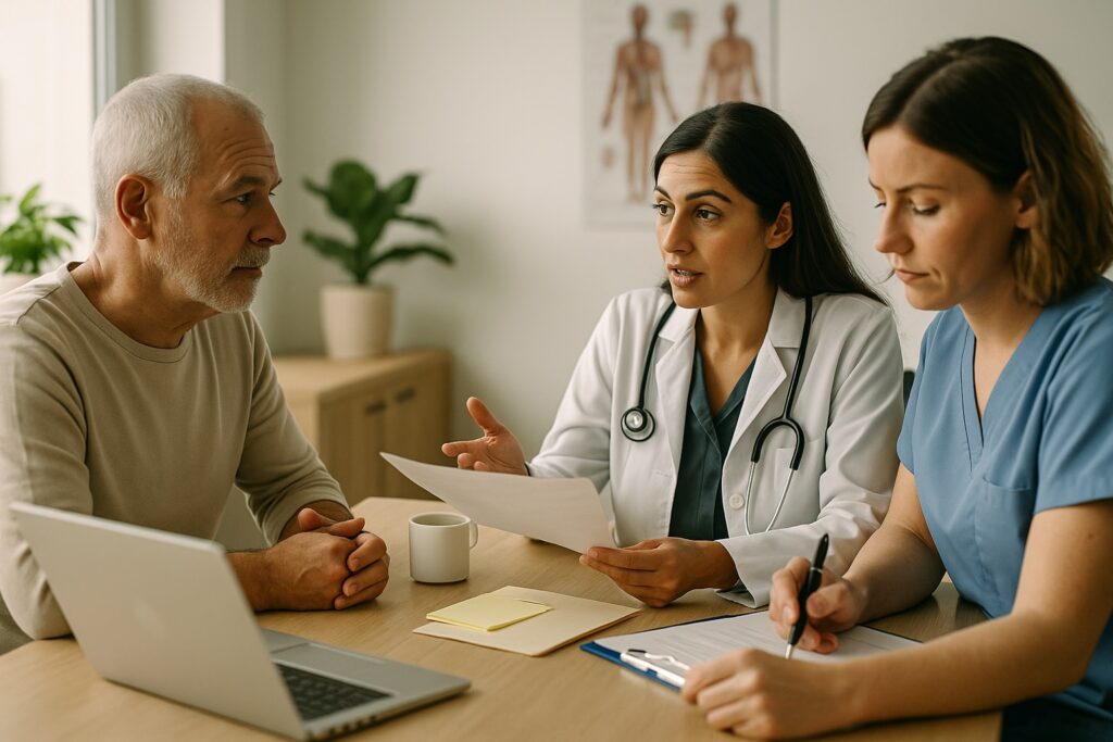 Doctor and nurse consulting with patient about travel health immunizations at Alam Medical in Deer Park NY.