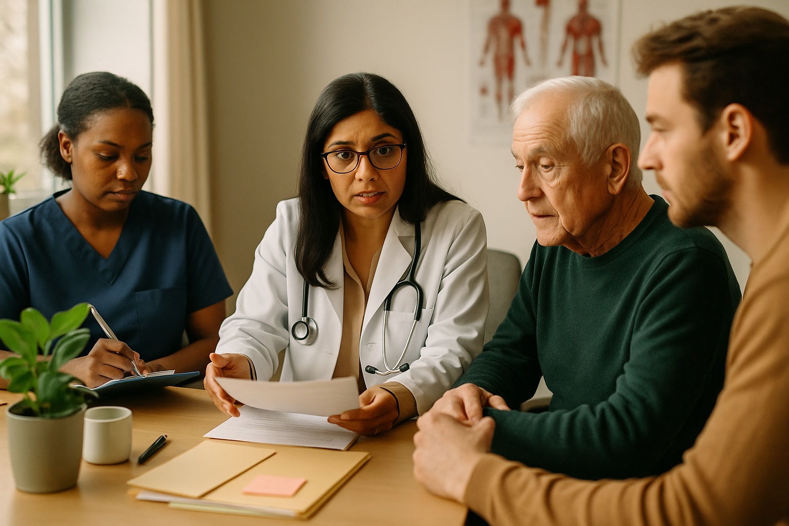 Doctor consulting with elderly patient and son about travel health and immunizations at Alam Medical in Deer Park NY.