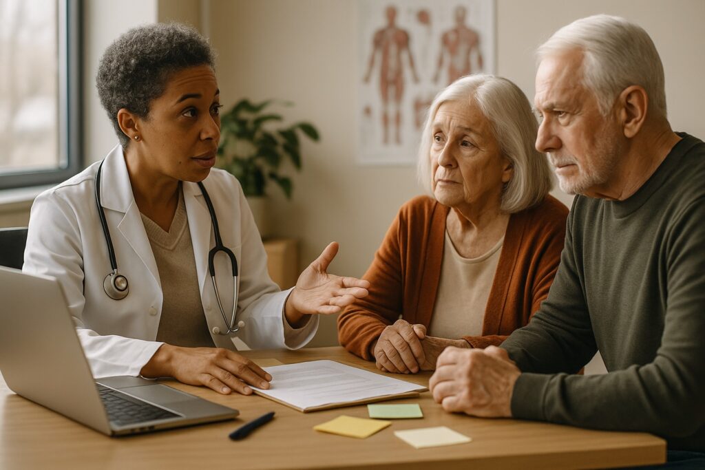 Doctor discussing travel vaccine requirements with elderly couple at Alam Medical in Deer Park NY.